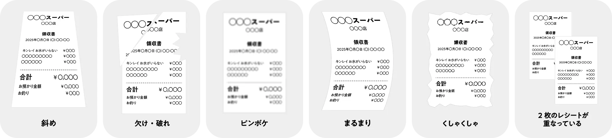 斜め / 欠け・破れ / ピンボケ / まるまり / くしゃくしゃ / 2枚のレシートが重なっている